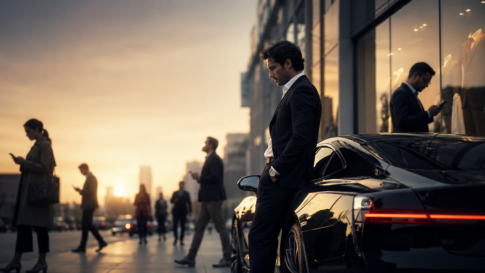 Não somos tão especiais quanto imaginamos ser — executivo encostado em carro de luxo enquanto pessoas ao redor olham para seus celulares