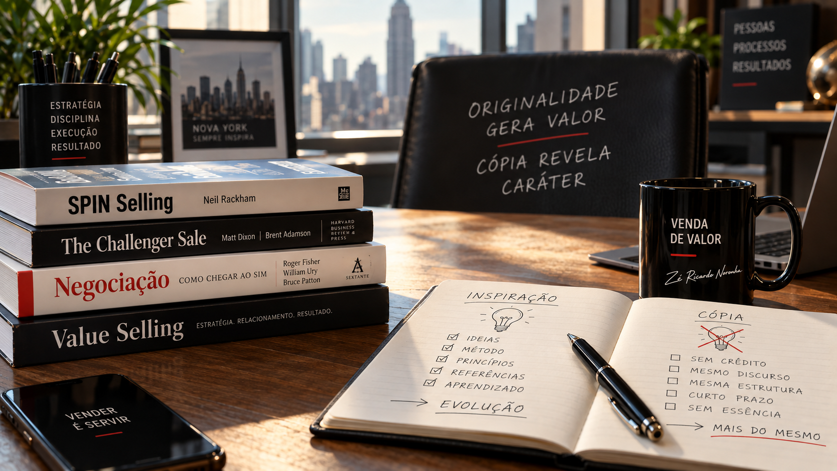 Mesa de trabalho com livros SPIN Selling, The Challenger Sale, Negociação Como Chegar ao Sim e Value Selling, ao lado de caderno aberto com listas de Inspiração (ideias, método, princípios, referências, aprendizado, evolução) e Cópia (sem crédito, mesmo discurso, mesma estrutura, mais do mesmo). Ao fundo, cartaz Originalidade Gera Valor · Cópia Revela Caráter