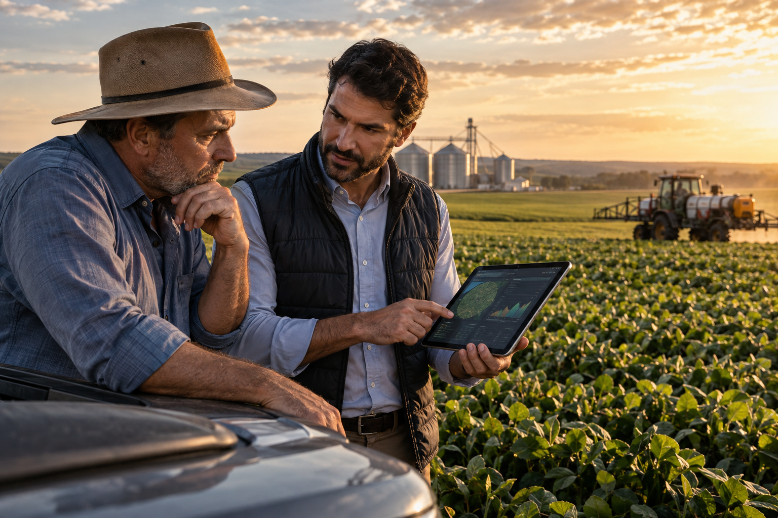 Consultor comercial mostra dados em um tablet para um produtor rural na lavoura